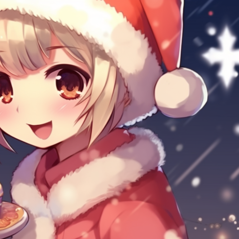Two anime characters sharing a Christmas cake, bright colors and detailed textures. kawaii matching christmas pfp - anime style pfp for discord.