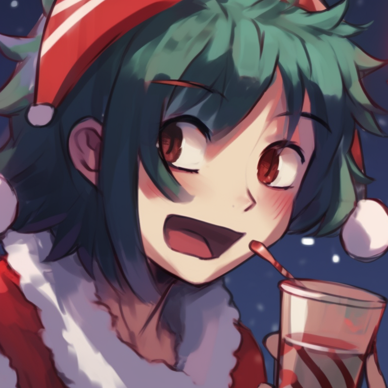 Two characters in matching Christmas uniforms, fine detail on their facial expressions. my hero academia christmas pfps for monica pfp for discord.