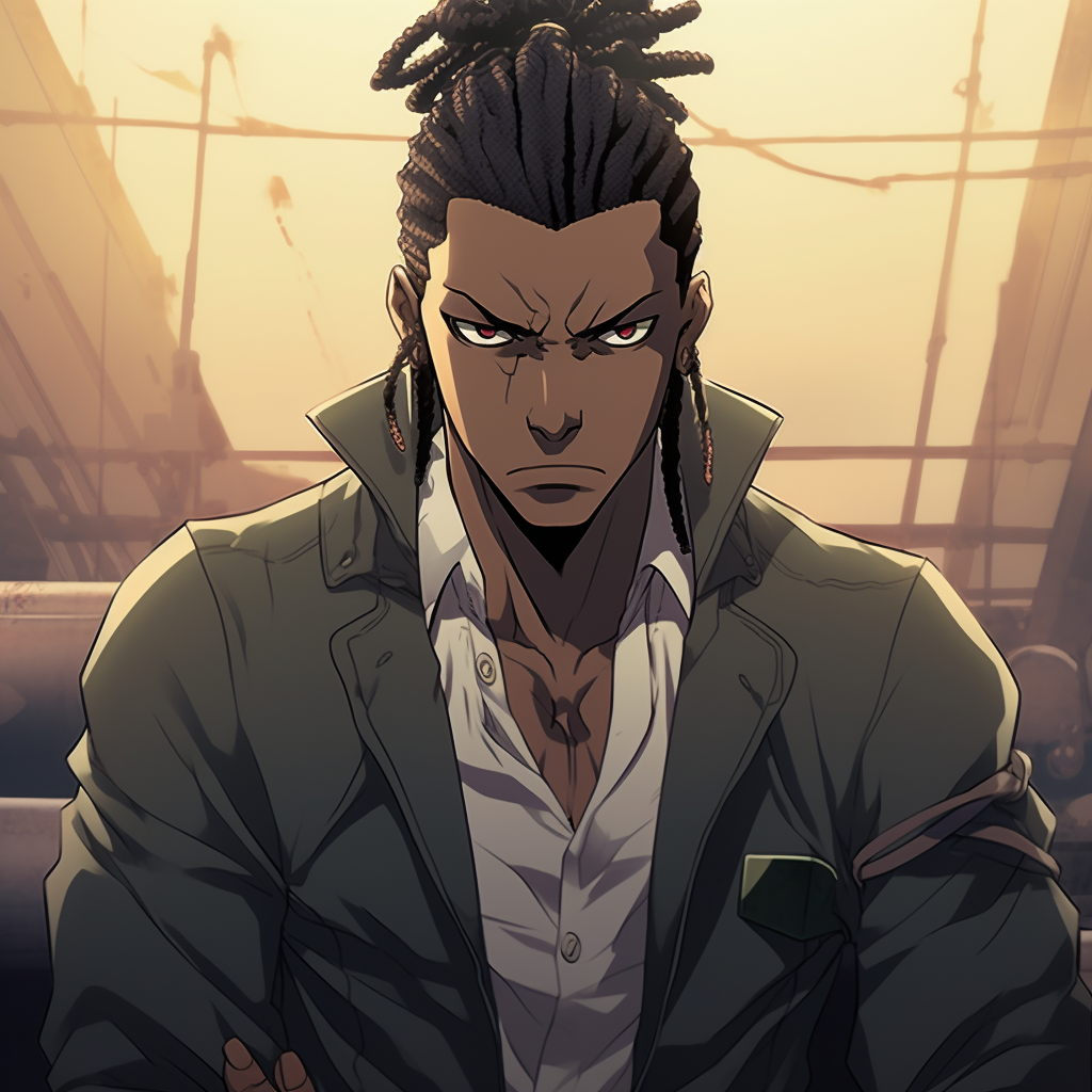 Tight shot of Dutch's face, emphasis on his cool, detached expression and detailed earrings. enticing male black anime characters pfp