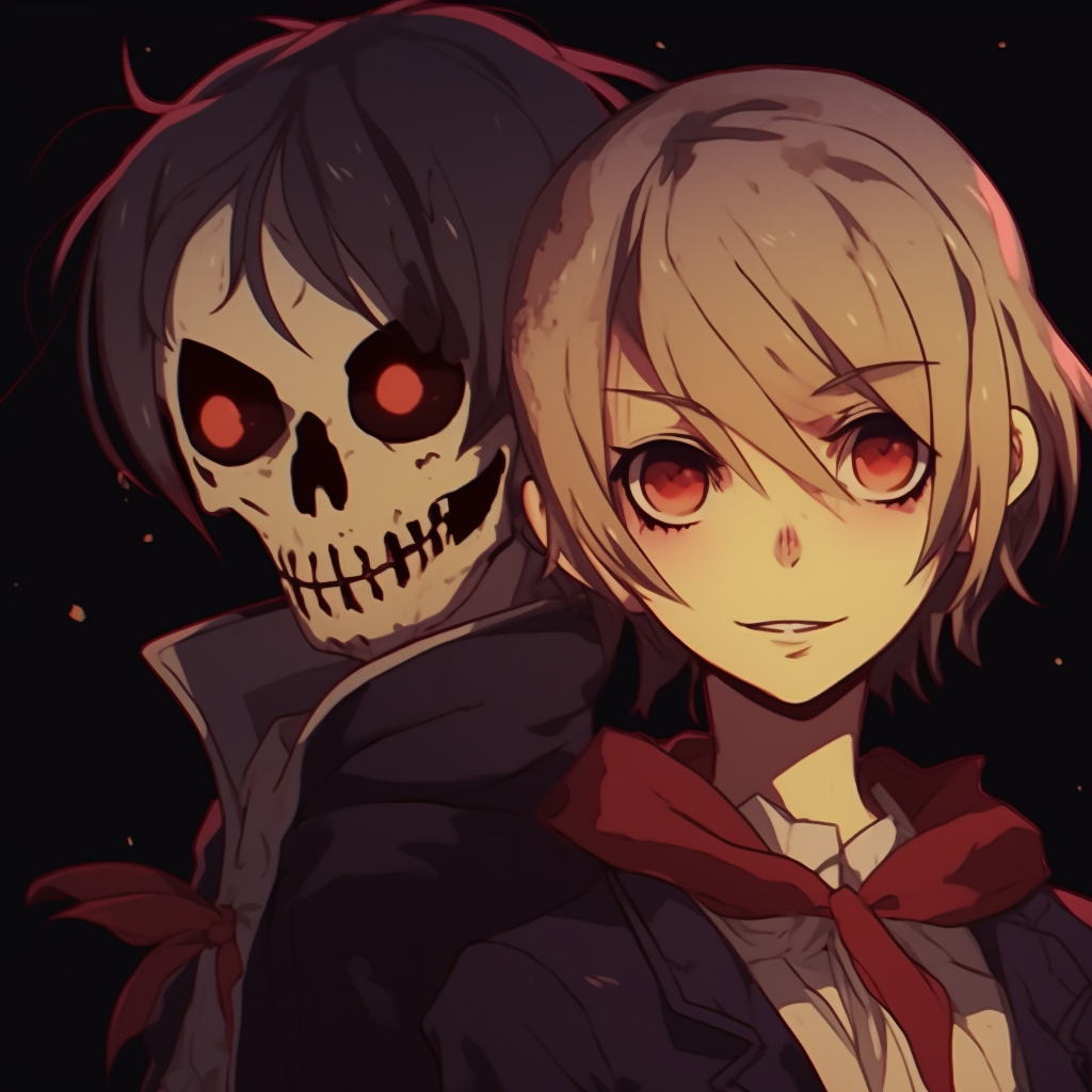 Macabre anime couple set against a moonlit, gloomy landscape, juxtaposition of their glowing eyes against the dark setting. halloween pfp anime duos