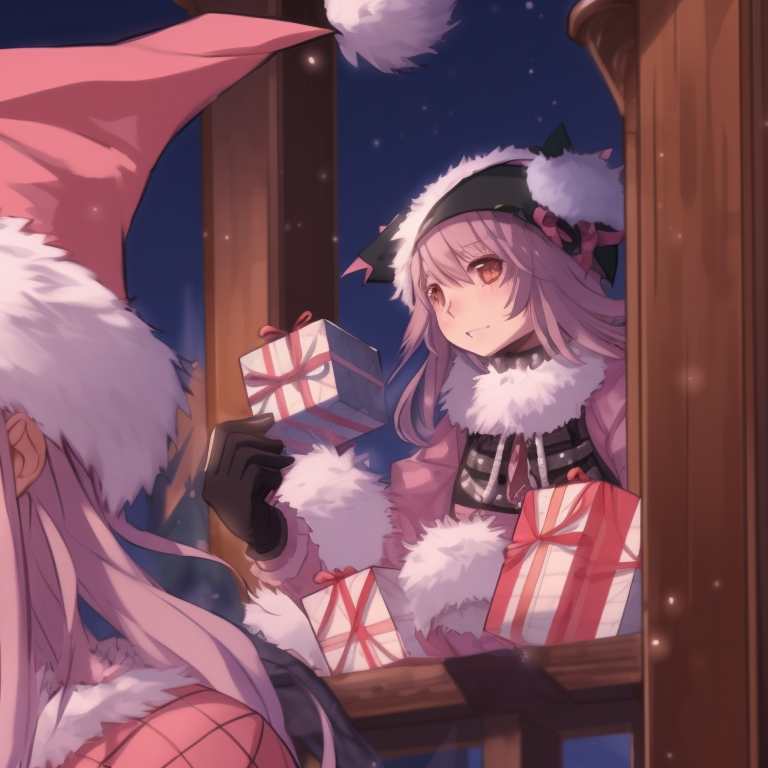 Astolfo and his companion under a mistletoe, blushes on their faces and gentle hues creating a romantic setting. astolfo themed christmas matching pfp pfp for discord.