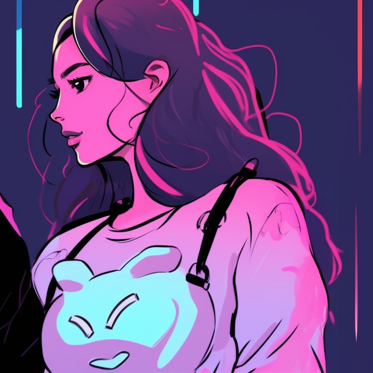 Two characters in modern outfits with digital elements, neon colors. modern matching pfp for tech-savvy couples pfp for discord.