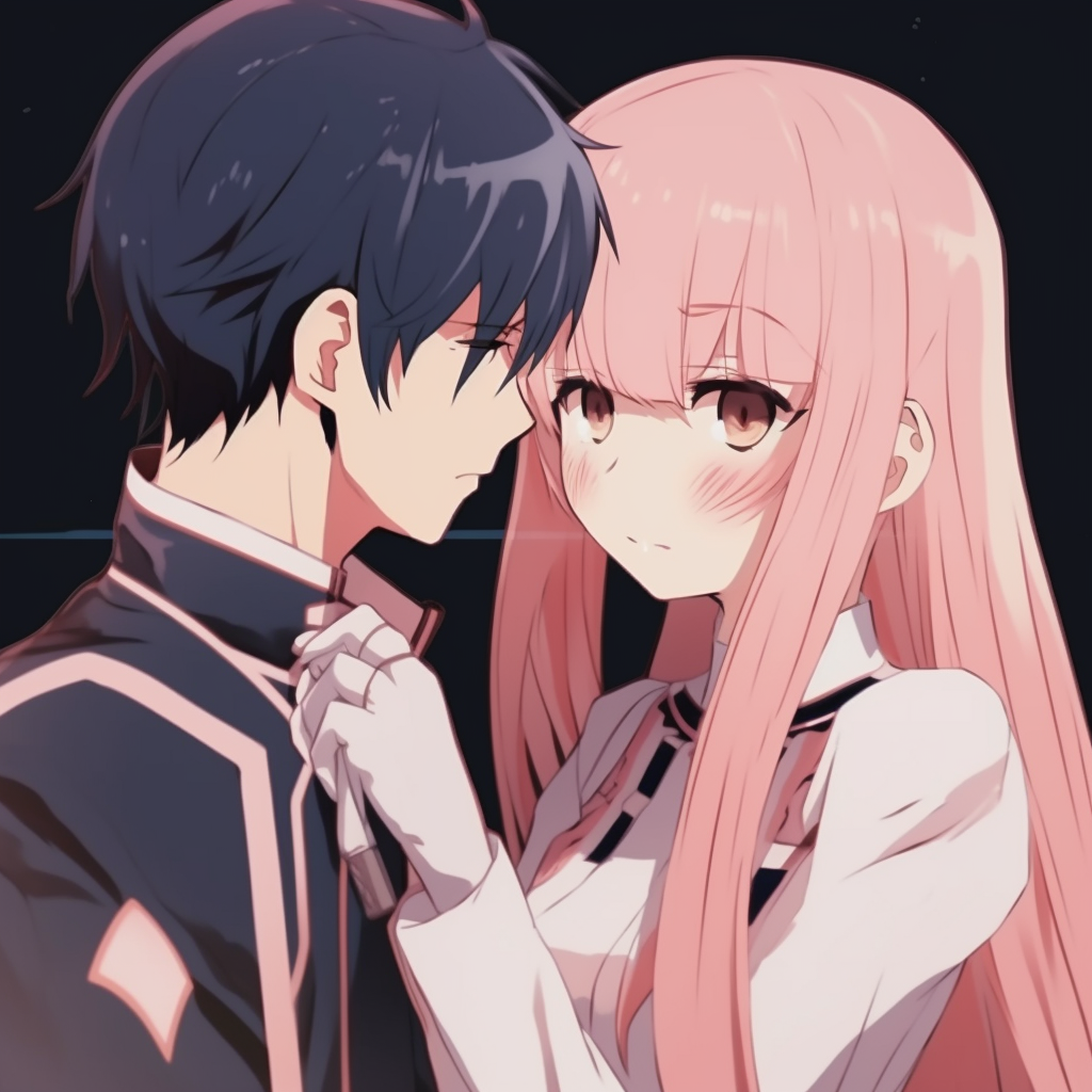 Zero Two and Hiro from Darling in the Franxx sharing a sweet moment, portrayed in a pastel color palette and soft lines. matching pfp anime for lovers