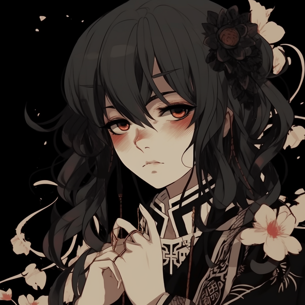 Dark fantasy style heroine, richly detailed costume and intense expression. anime black pfp for girls pfp for discord.