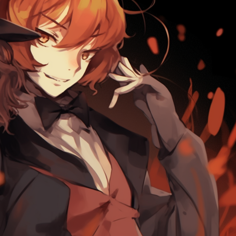 Dazai and Chuuya in companionable poses, against a Halloween themed backdrop of pumpkins and bats, the characters' expressions detailed and facial features sharply drawn. dazai chuuya halloween pfp pfp for discord.