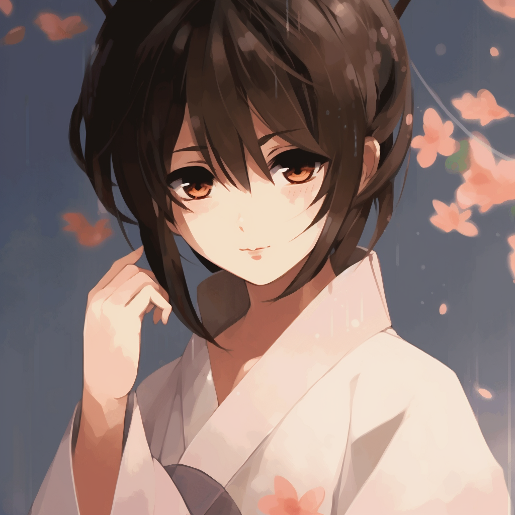 Portrait close-up of Shoujo in Kimono, intricate details on fabric patterns. sophisticated animated pfp