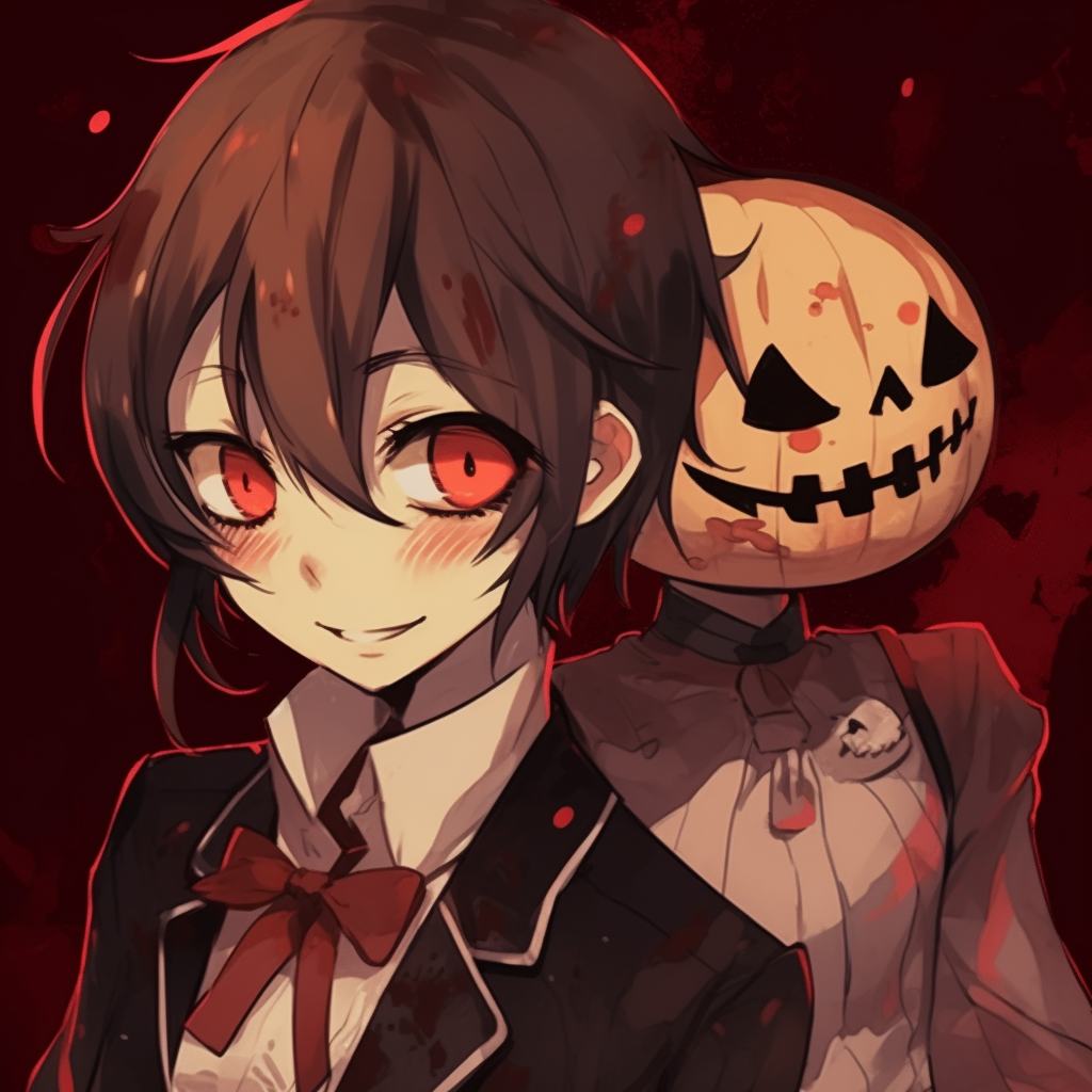 Gothic-style Anime duo, attention to glowing eyes and eerie, complementary color palette. halloween pfp anime duos