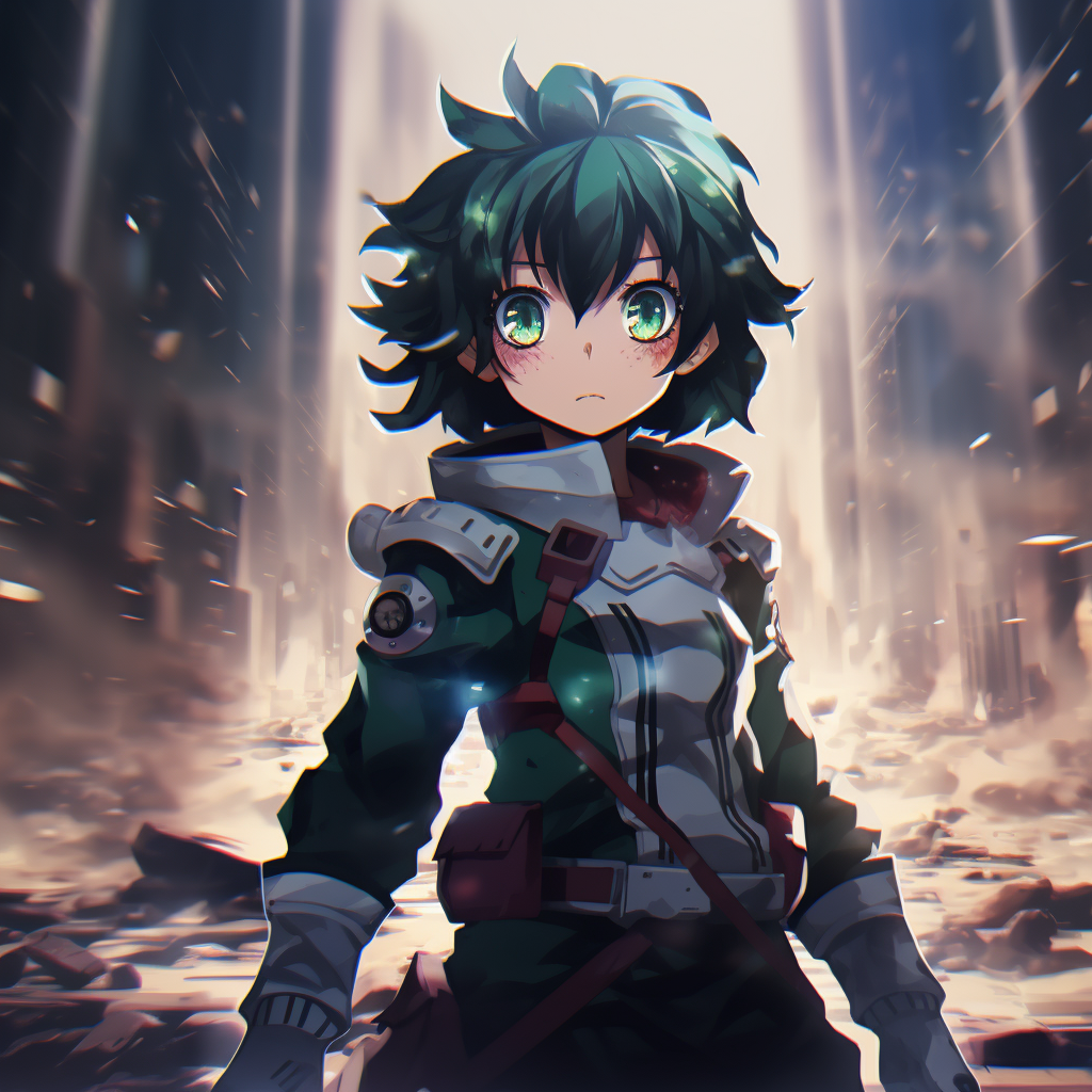 Heroic Deku, strong dynamic lines and vibrant color theme. 4k anime scene profile photos