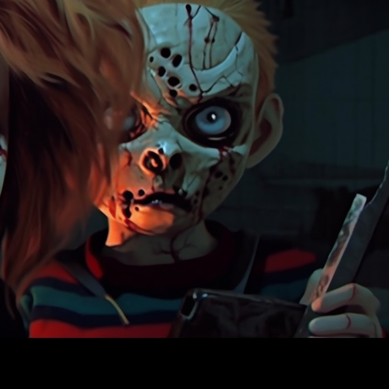 Chucky in his signature outfit and Tiffany in her bridal dress, high contrast and blood-red accents. horror film inspired pfp: chucky and tiffany pfp for discord.