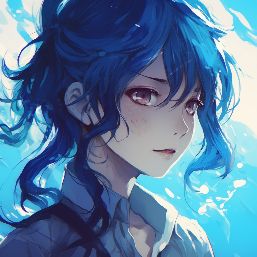 Intriguing capture of a girl's face with ocean-like eyes, the shading emphasizes on the fluidity and waviness of the hair. blue anime pfp for characters