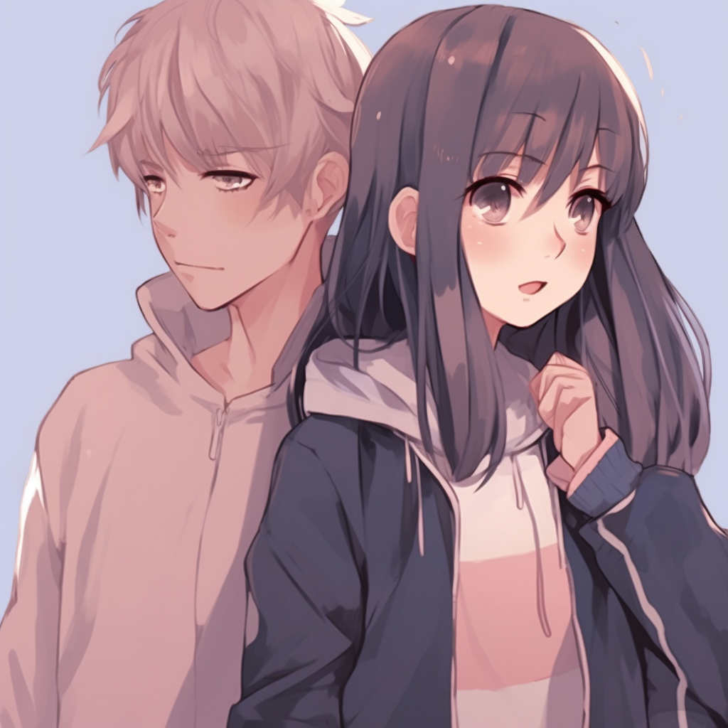 Dual depiction of a boy and girl anime character with matching expressions, signified by subtle colors and intricate details. best boy and girl matching anime pfp