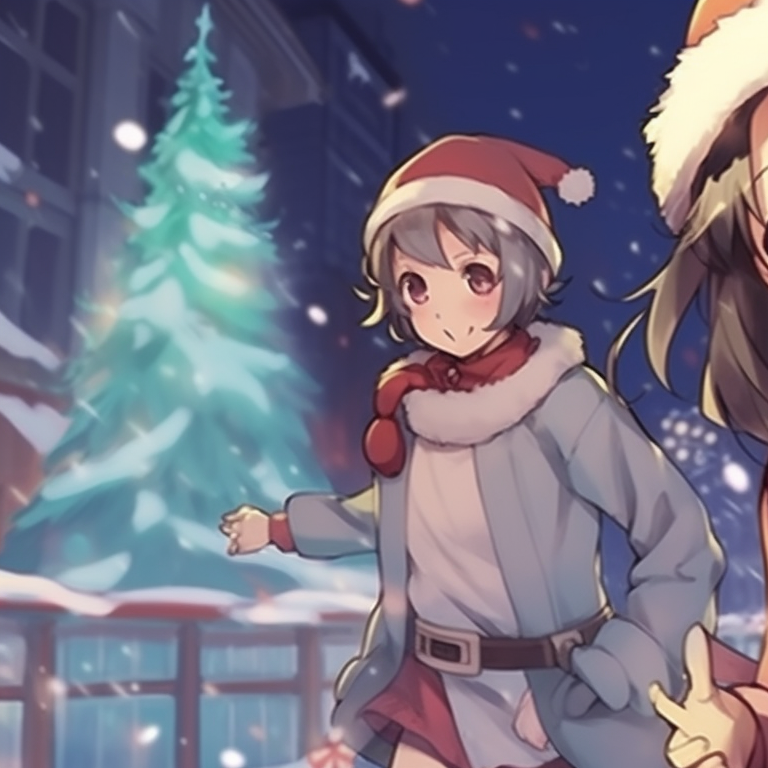 Two characters seated under a beautifully decorated Christmas tree, the color palette is refreshing and warm, characters are seen opening gifts. creative matching christmas discord pfp pfp for discord.