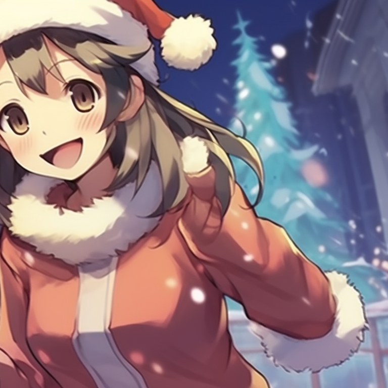 Two characters seated under a beautifully decorated Christmas tree, the color palette is refreshing and warm, characters are seen opening gifts. creative matching christmas discord pfp pfp for discord.