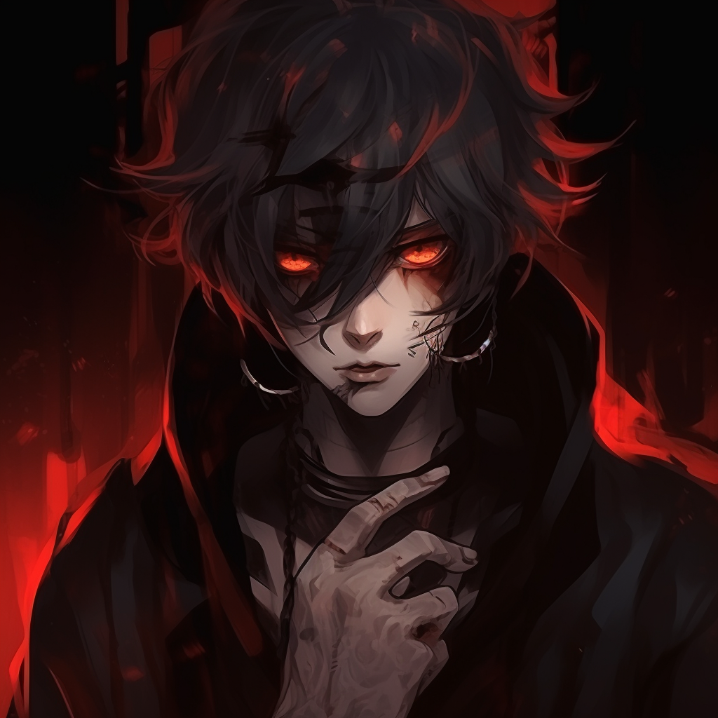 Demonic character emitting an intimidating aura, heavy shadows and vibrant colors. demonic anime pfp for characters pfp for discord.