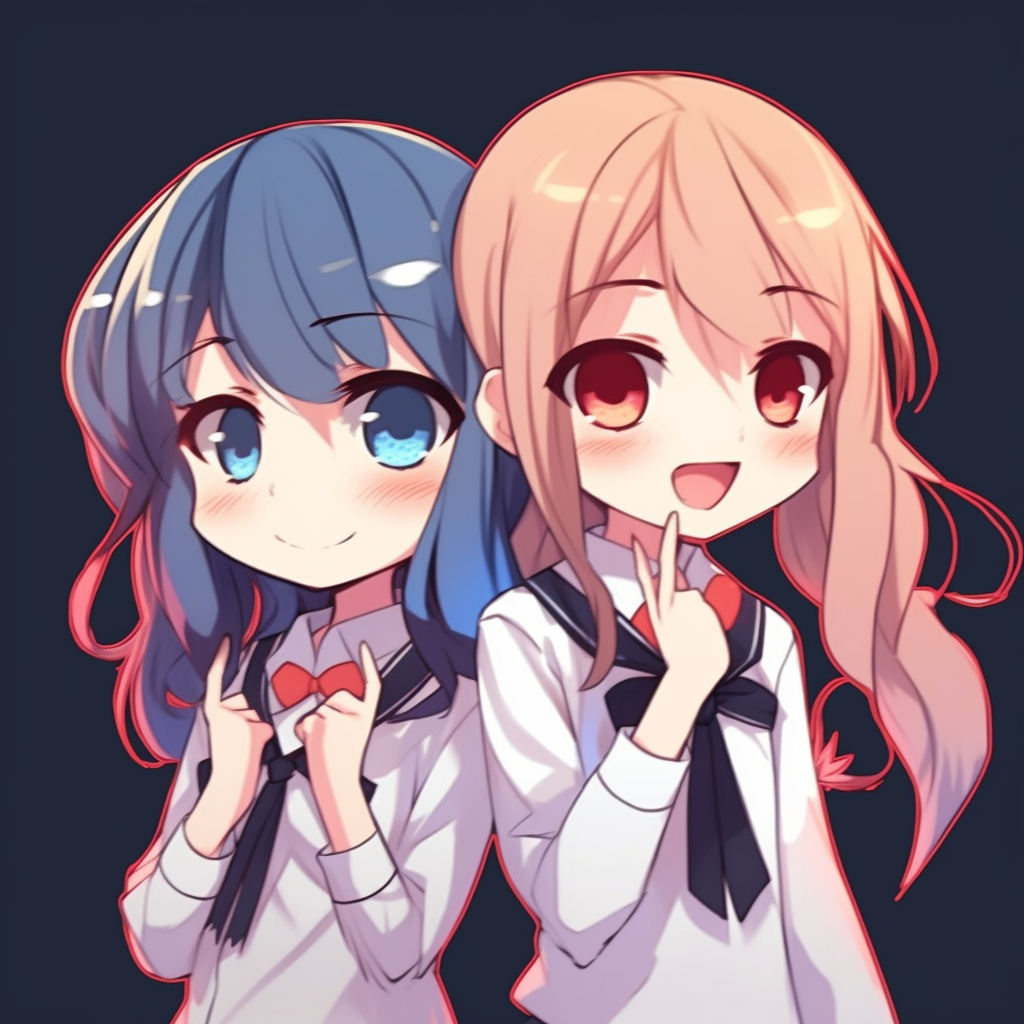 Anime characters in identical school uniforms, with matching cheerful expressions, soft colors. adorable matching anime pfp for best friends