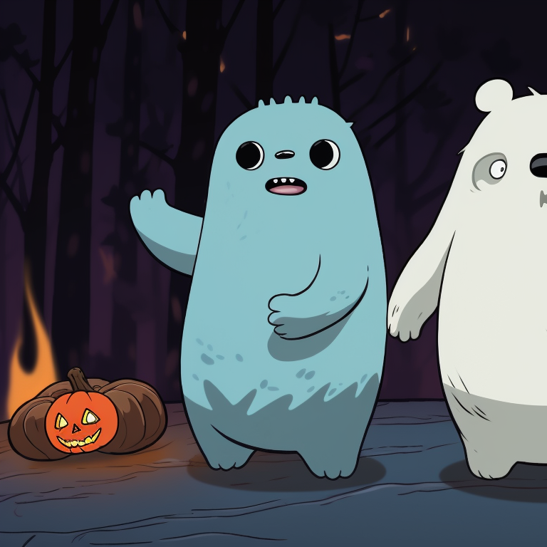The characters in menacing costumes, with a mix of vibrant and muted palette, standing back-to-back. matching halloween pfp: we bare bears pfp for discord.