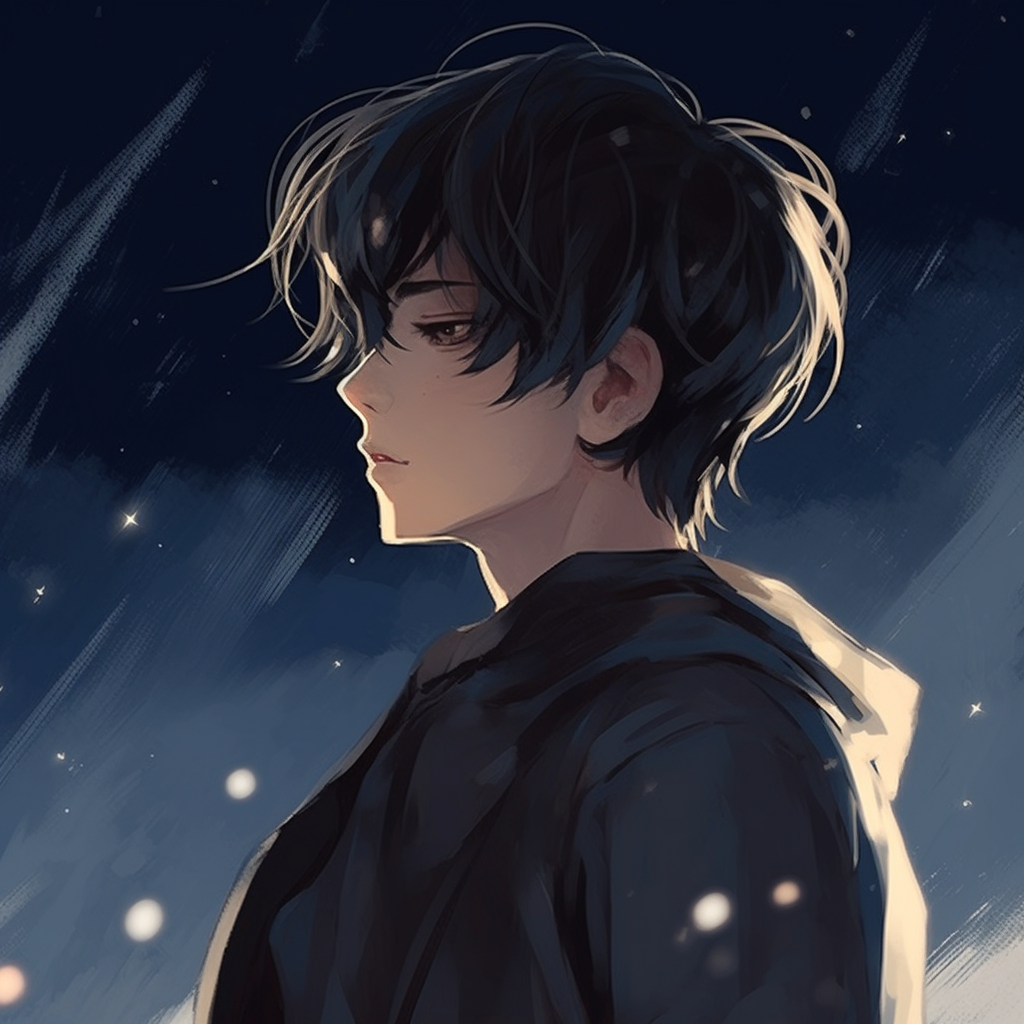 Angsty boy standing in the rain, muted colors with splashes of blue. aesthetic anime male pfp pfp for discord.