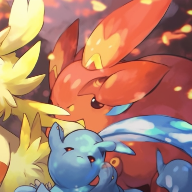 Articuno, Zapdos, and Moltres, vivid blues, yellows, and reds, soaring in a coordinated flight. top-quality pokemon matching pfp pfp for discord.