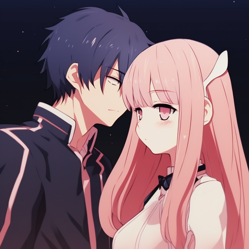 A loving look between the Darling pair in the Franxx highlighting their strong bond and the glowing tones used. matching pfp anime for lovers