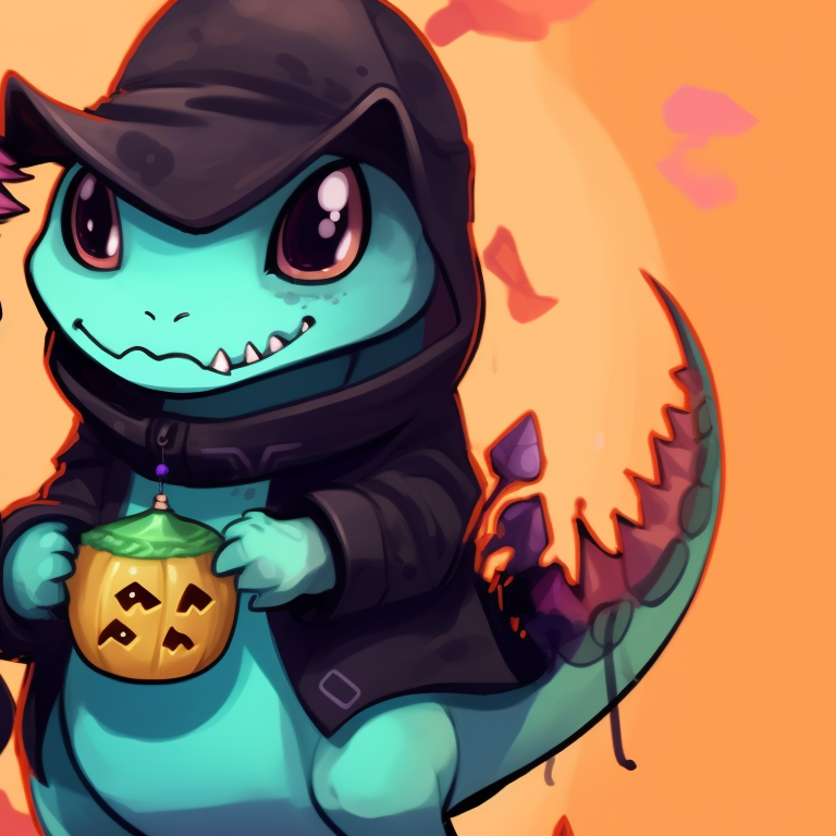 A pair of dinosaur characters in Halloween attire, exaggerated expressions and cartoonish style. artistic dino matching pfp halloween theme pfp for discord.