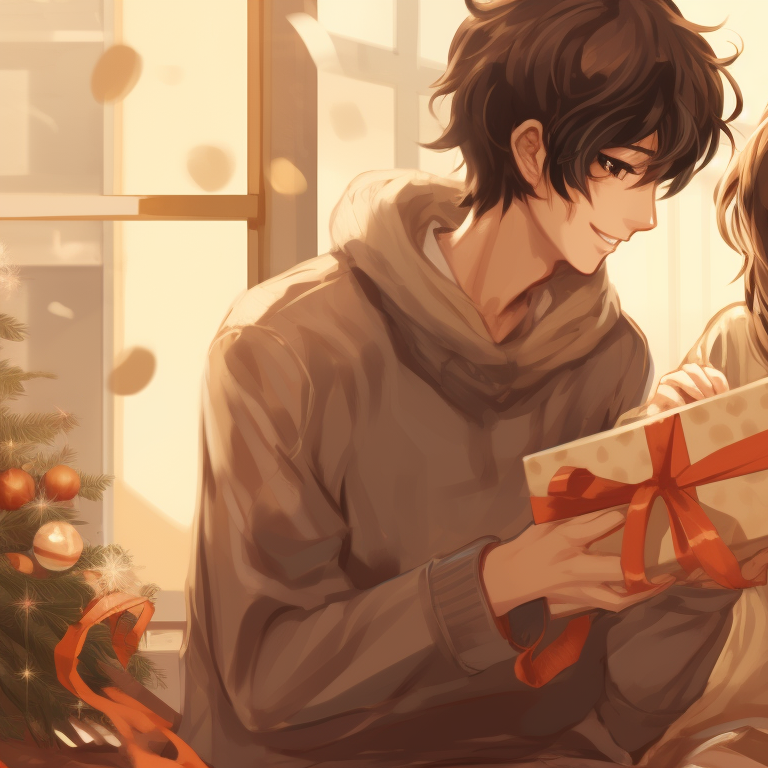 Two characters decorating a Christmas tree, dynamic lines and vivid decorations. rustic matching christmas tiktok pfp pfp for discord.