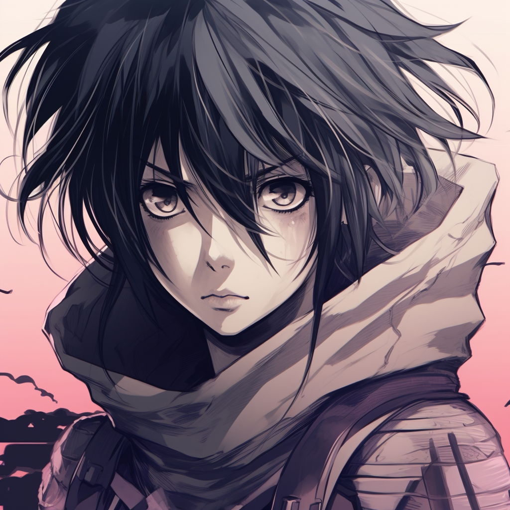 Close-up of a determined Mikasa, high contrast and deep shadows. cool anime pfp for girlsHD, free download