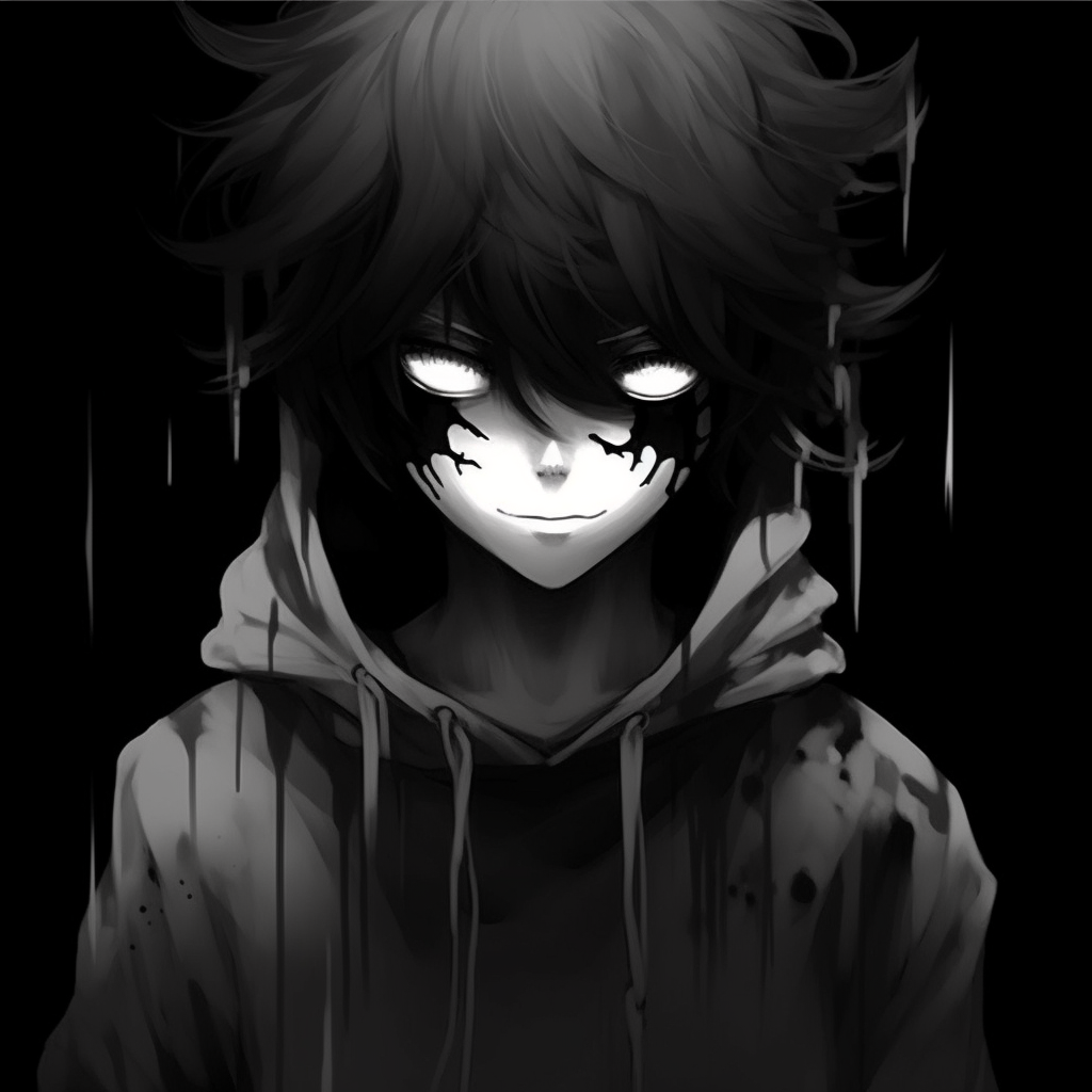 An eerie anime character graced with an aura of mystery, detailed with distinctive hard lines and dark tones. creepy scary anime pfp pfp for discord.