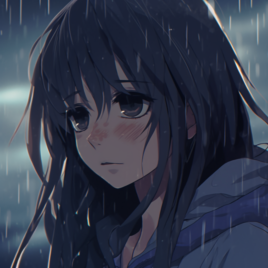 Single anime girl standing alone in the rain, gloomy background and wet hair. hd depressed anime girl pfp pfp for discord.