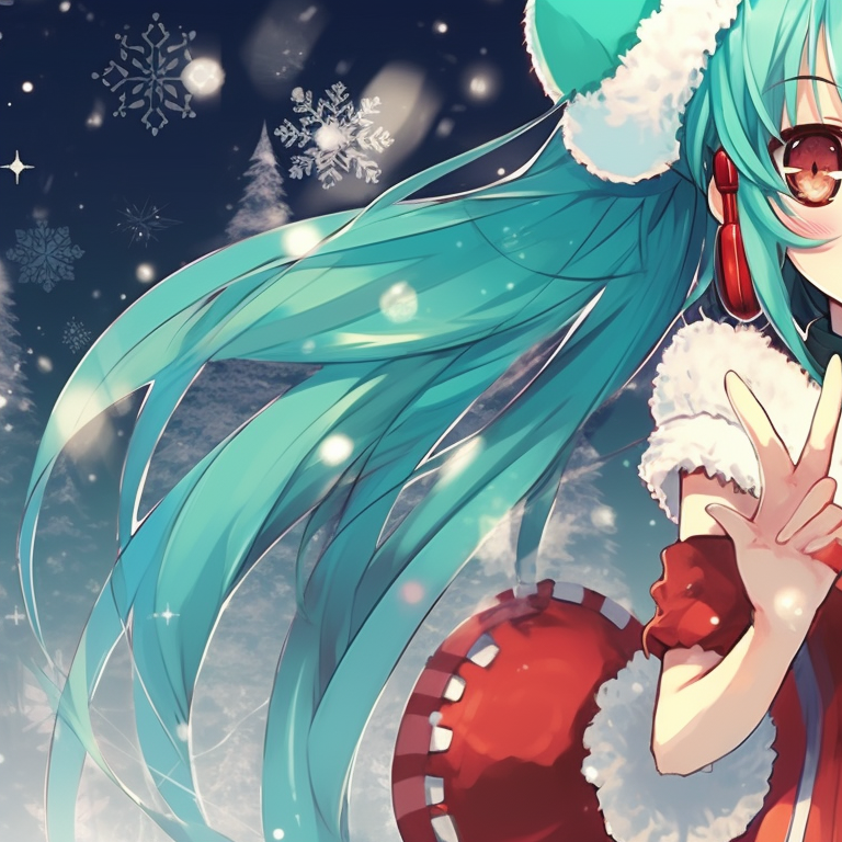 Two Hatsune Miku, blanketed by snow, intricate details in their winter clothing, characters appear to be singing, emanating joyful holiday vibes. hatsune miku's festive matching pfps pfp for discord.