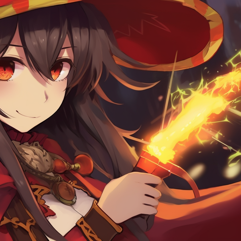 Megumin in a dynamic pose, casting a holiday-themed spell with explosion, vivid colors and detailed artwork. megumin christmas pfp collection pfp for discord.