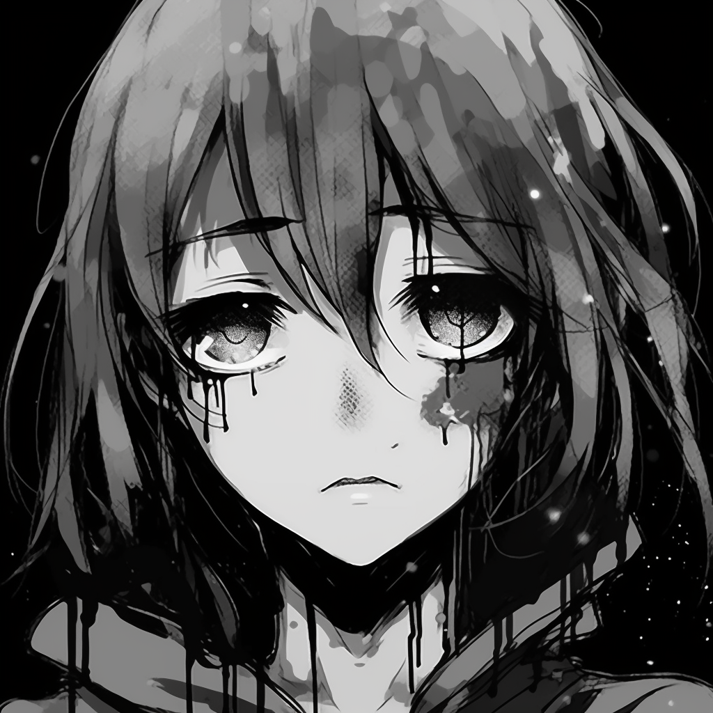 A black and white anime profile picture marked by rough textures and high contrasts. grunge anime black and white pfp