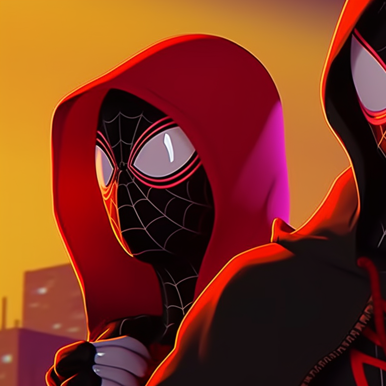 Miles Morales and a friend, donning matching Spider-Man masks and Halloween capes, looking into the distance. miles morales halloween themed pfps pfp for discord.