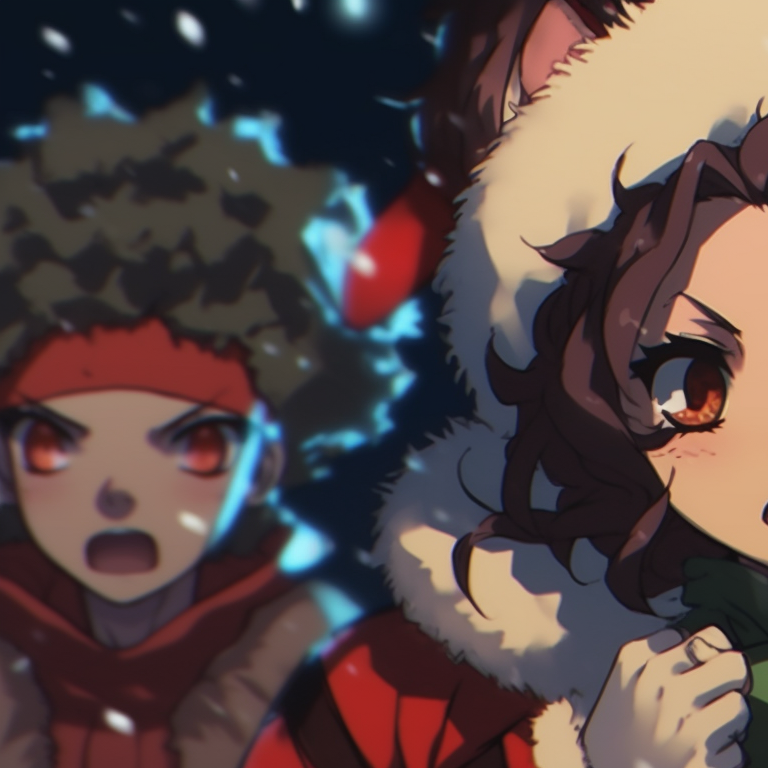 Close-up of two characters with holiday trinkets, emphasis on subtle shadowing and warm holiday colors. demon slayer christmas wallpapers pfp pfp for discord.