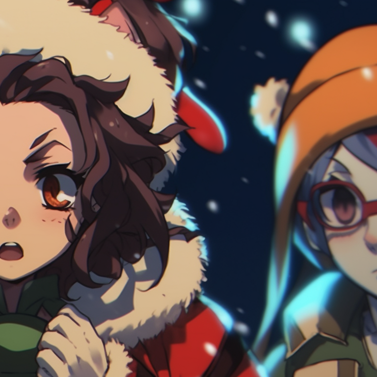 Close-up of two characters with holiday trinkets, emphasis on subtle shadowing and warm holiday colors. demon slayer christmas wallpapers pfp pfp for discord.