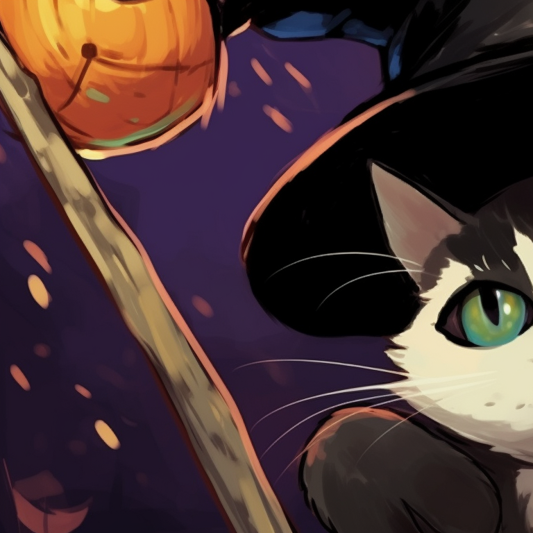 Two cat characters under a haunted moonlight sky, intricate shading and mystical glow. matching halloween theme cat pfp pfp for discord.