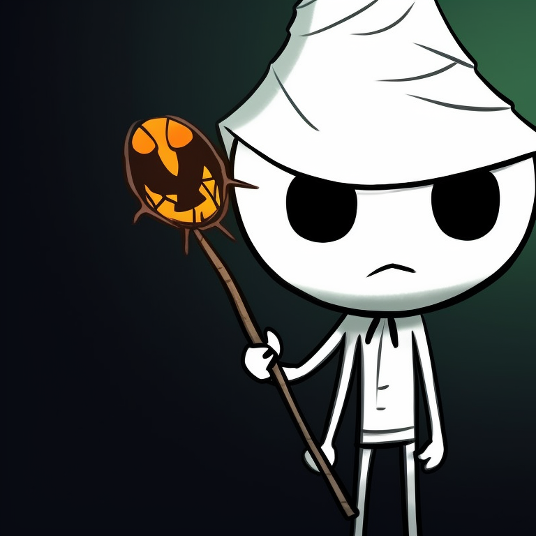 Stickman characters in a haunted house setting, one looking scared and the other excited, detailed creepy background and orange Halloween hue. animated stickman pfp for halloween pfp for discord.