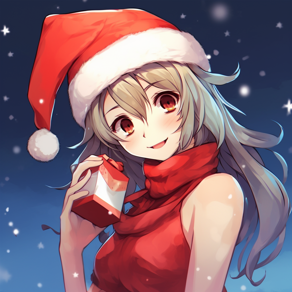 Anime girl entwined with Christmas lights, creating a festive mood with glowing illumination and vibrant hues. anime christmas pfp for girls