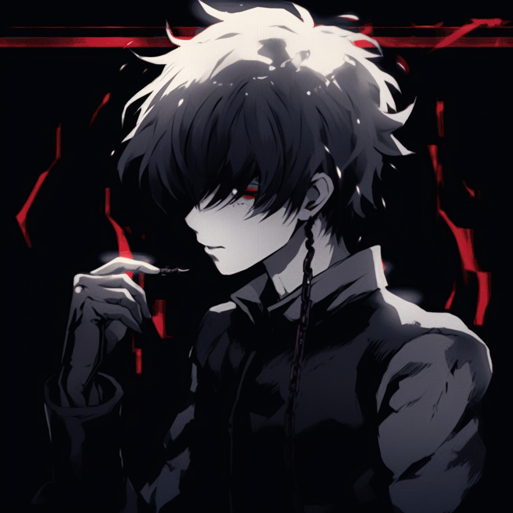 Kaneki from Tokyo Ghoul, mid-transformation into his ghoul form, monochrome with red accents. unique anime gif pfp
