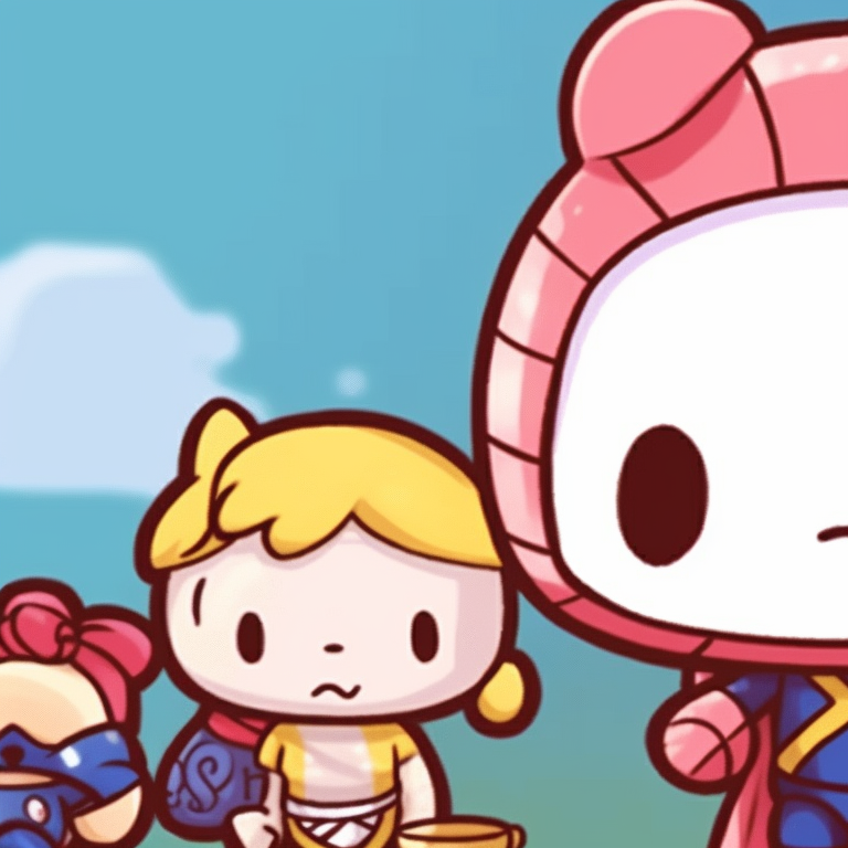 Hello Kitty with a superhero, thick lines and vivid colors. hello kitty and superheroes matching pfp pfp for discord.
