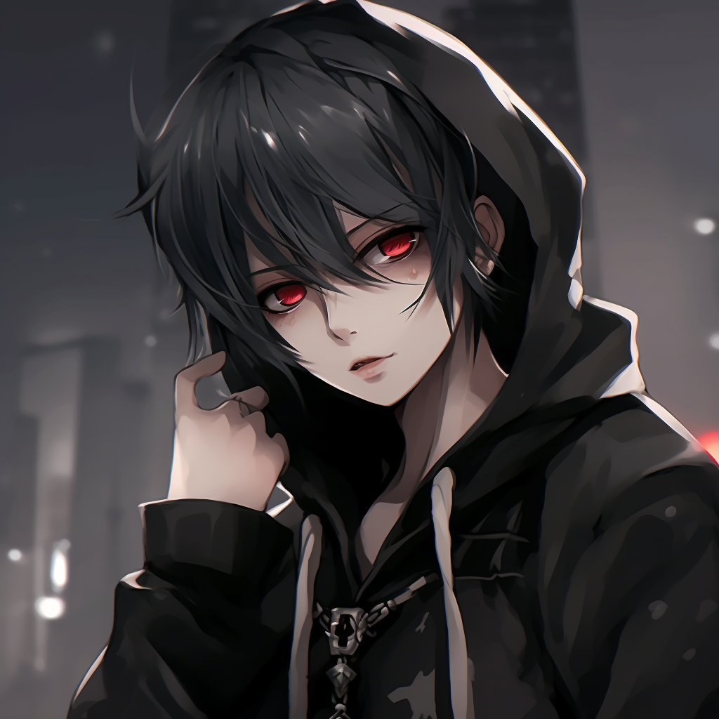 A mysterious goth anime boy with shadowy composition, elaborate patterns, and a dark color palette. goth pfp for anime boys