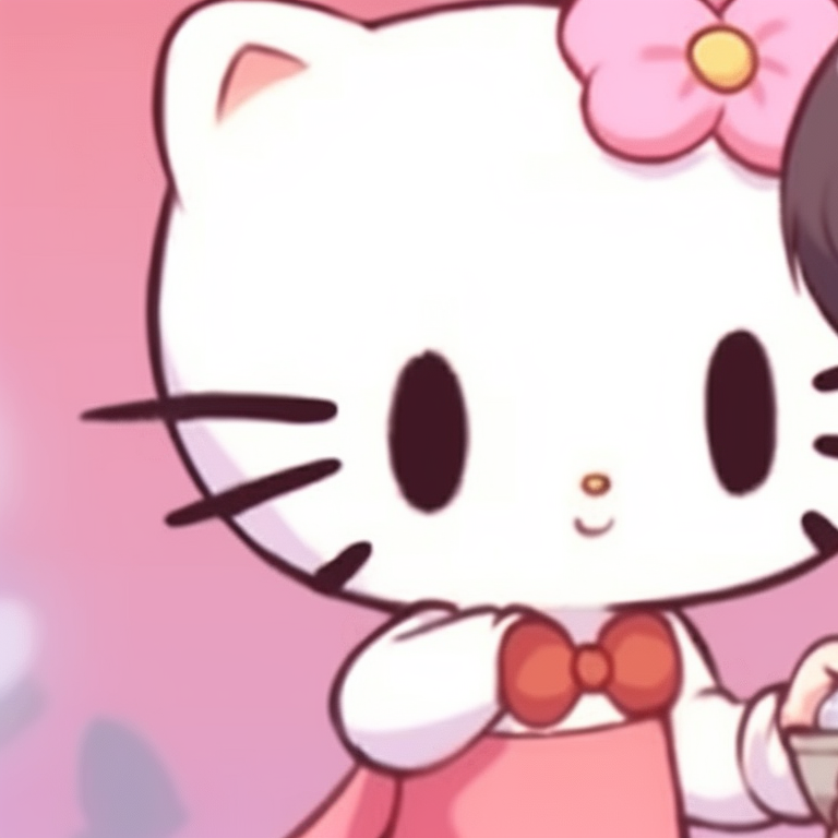 Two characters, soft shading and soft expressions, each holding a Hello Kitty plush toy. hello kitty themed matching pfp pfp for discord.