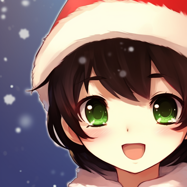 Two characters with inquisitive expressions, classic anime style, adorned with matching Santa hats. christmas themed matching hat kid pfp pfp for discord.