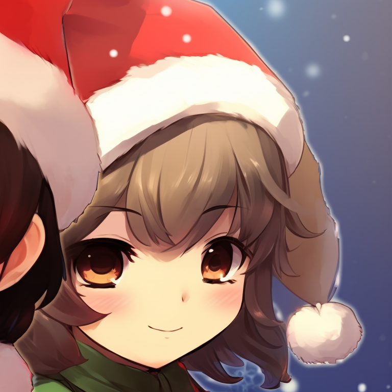 Two characters with inquisitive expressions, classic anime style, adorned with matching Santa hats. christmas themed matching hat kid pfp pfp for discord.