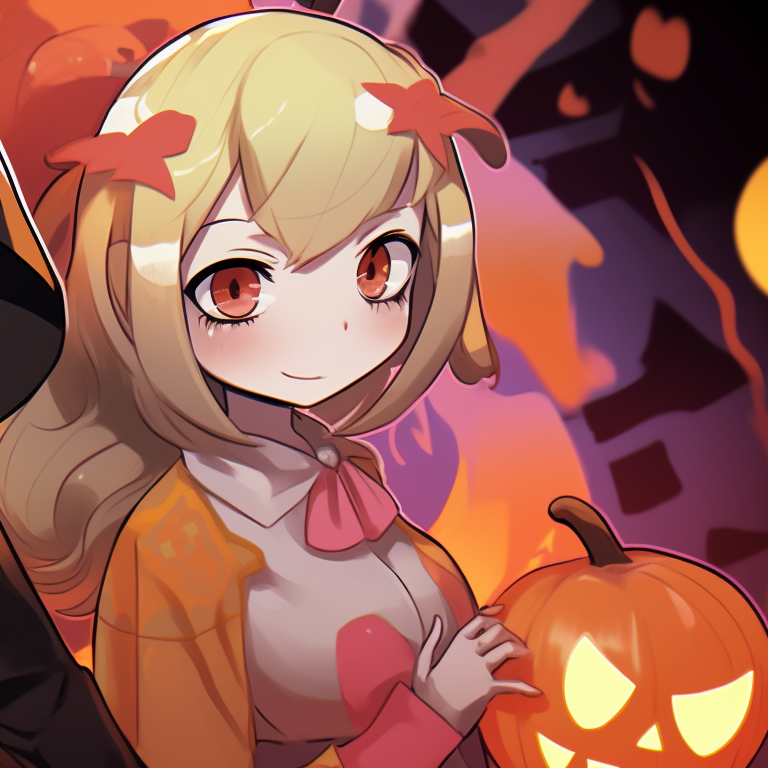 Zenitsu and Nezuko in Halloween costumes, bright colors and spooky details. zenitsu and nezuko halloween artwork pfp for discord.