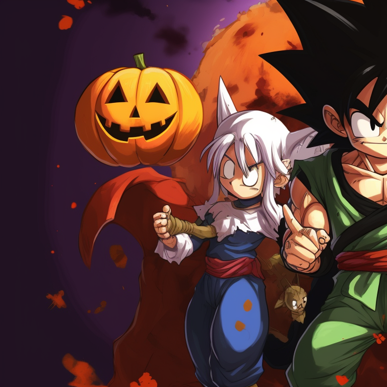 Two characters in a fighting stance, detailed highlighting and rich, autumn colors. cool dragon ball halloween themed pfp pfp for discord.