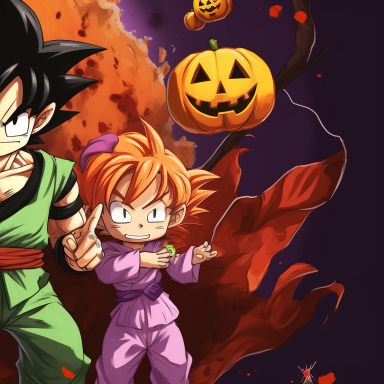 Two characters in a fighting stance, detailed highlighting and rich, autumn colors. cool dragon ball halloween themed pfp pfp for discord.