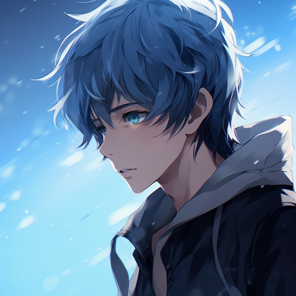 An anime boy with blue hair looking in the distance, soft shading and cool hues. anime boy pfp concepts anime pfp
