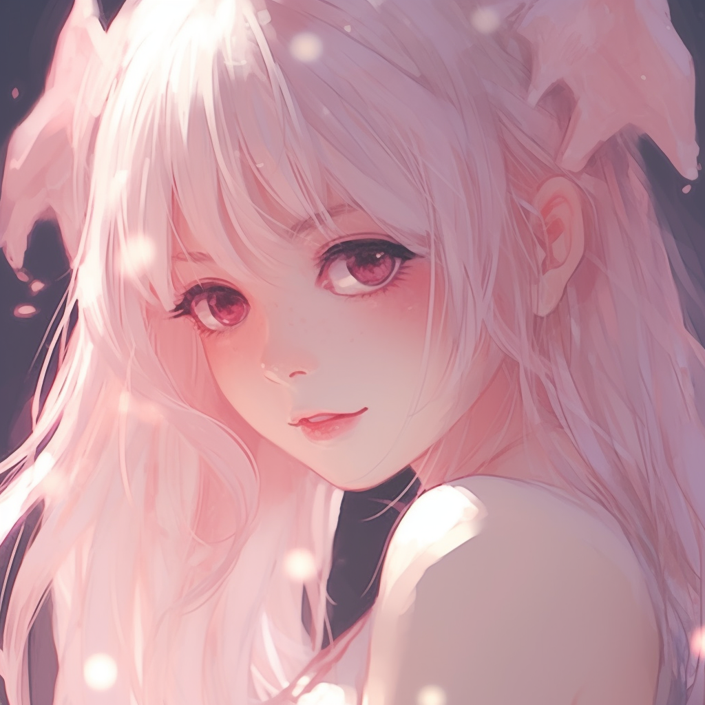 Elegant anime maiden bathed in a light pink hue, classic anime art style with a focus on sharp eyes and detailed hair strands. stunning pfp pink anime girl art pfp for discord.