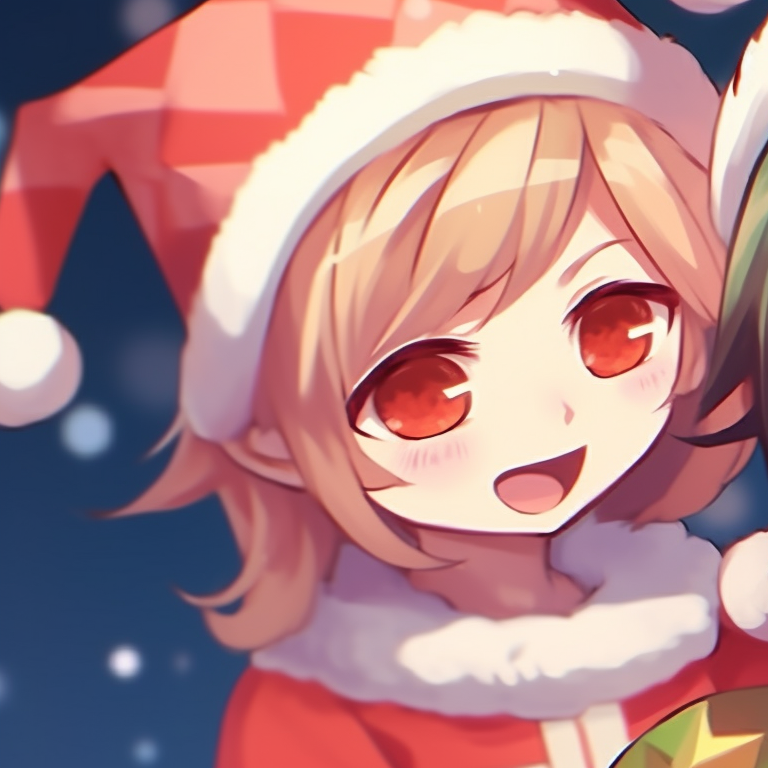 Two characters in matching Christmas attire, coordinated poses and warm glow. christmas-themed cute pfp that match pfp for discord.