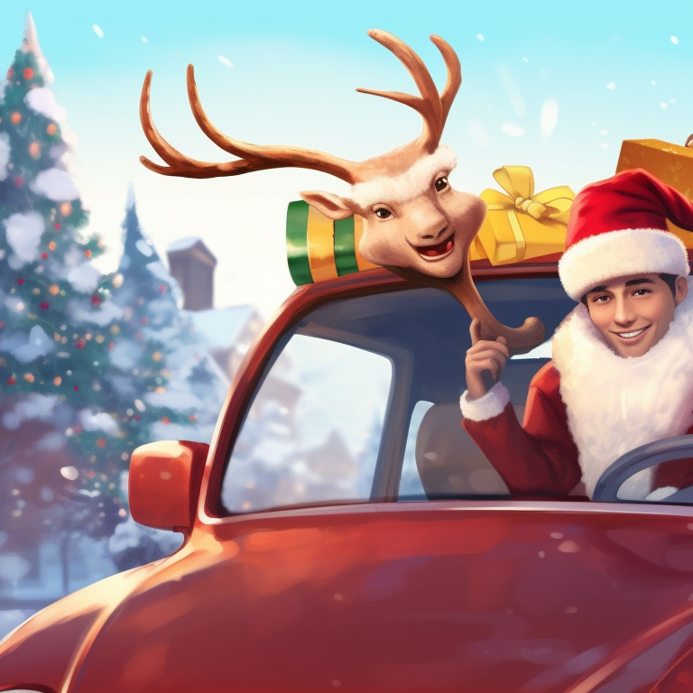 Two characters in a playful mood, beside a frosted vintage car with holiday adornments. beloved holiday car matching guides pfp for discord.